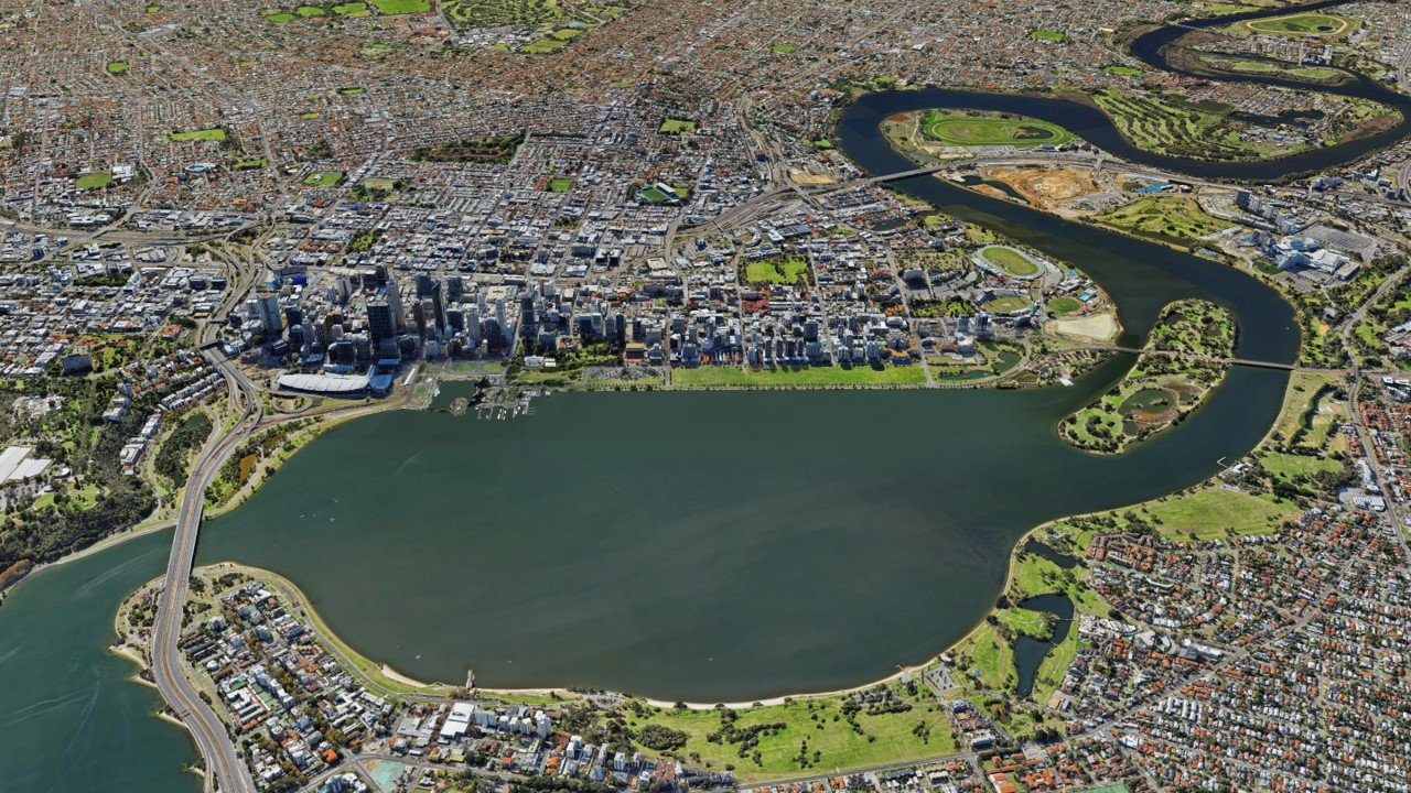 Aerial view of the Derbarl Yerrigan (Swan River) with the Aboriginal Cultural Centre project site location on Terrace Road carpark, Boorloo (Perth)