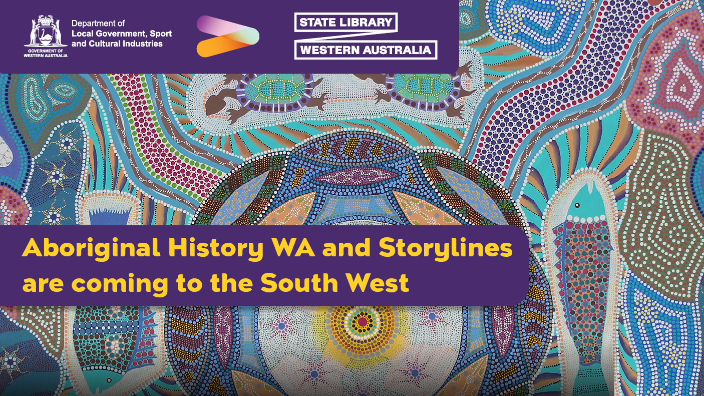 Dot painting with fish. Text reads: Aboriginal History WA and Storylines are coming to the South West