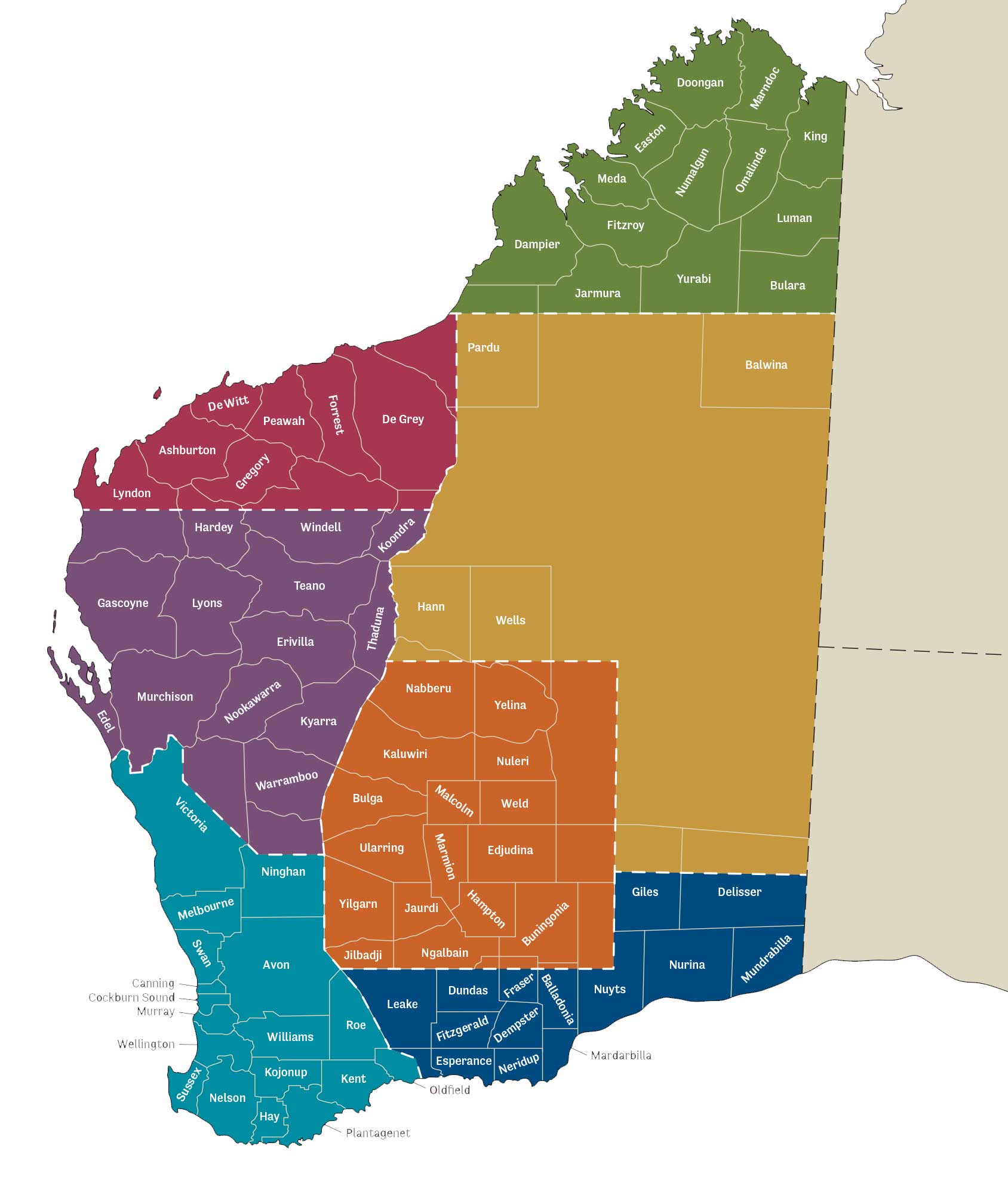 A map of Western Australia outlining the divisions and districts