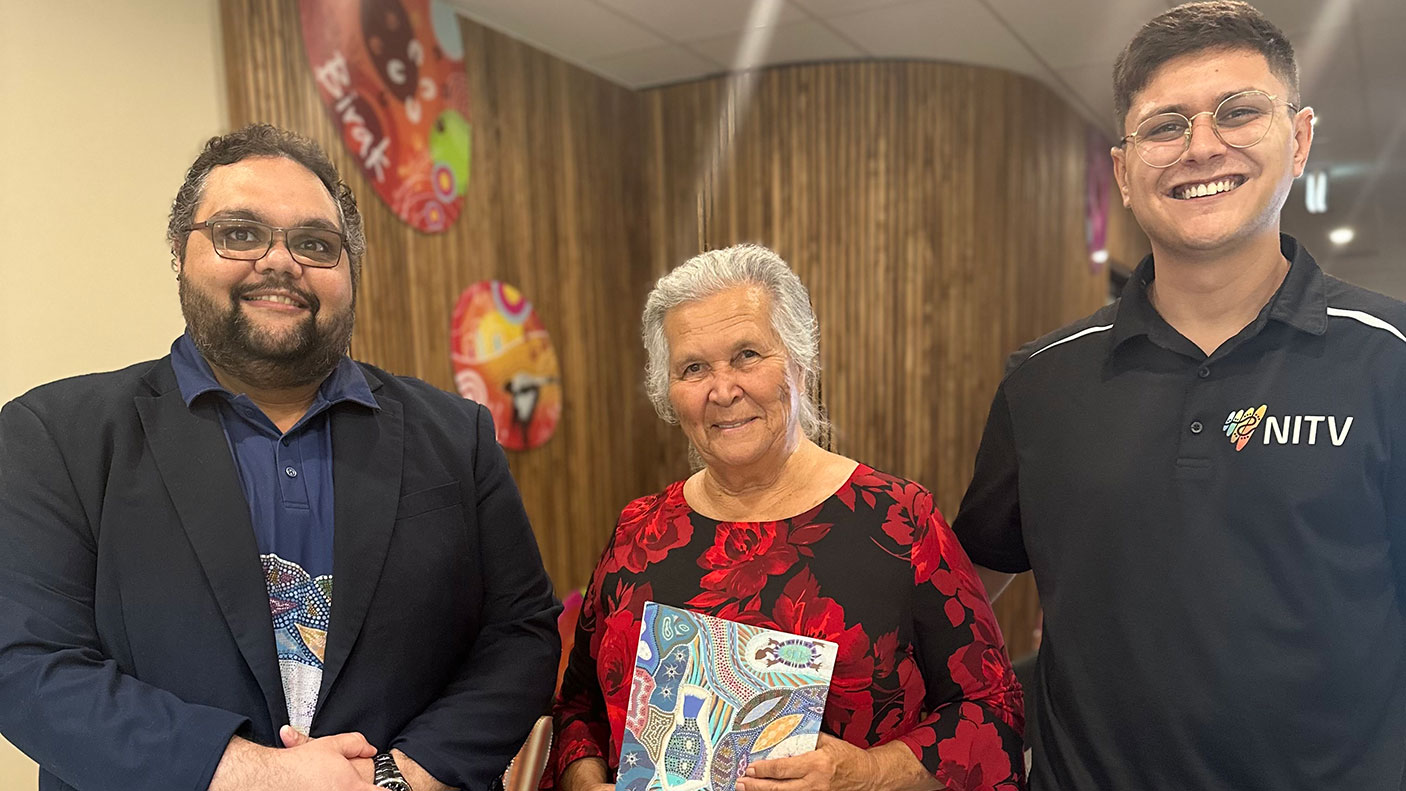 Left to right: Community Education Officer, Duane Kelly; AHWA client Roma Winmar and NITV journalist Kearyn Cox