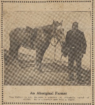 A newspaper clipping showing Tom Kickett and a horse.