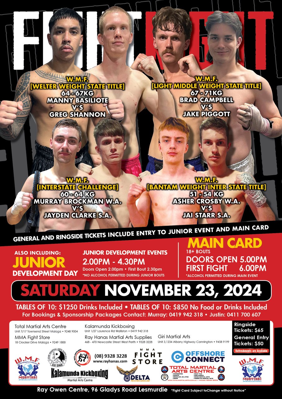 Poster with text Fight Night, Saturday 23 November 2024. images of fighters and supporter logos.