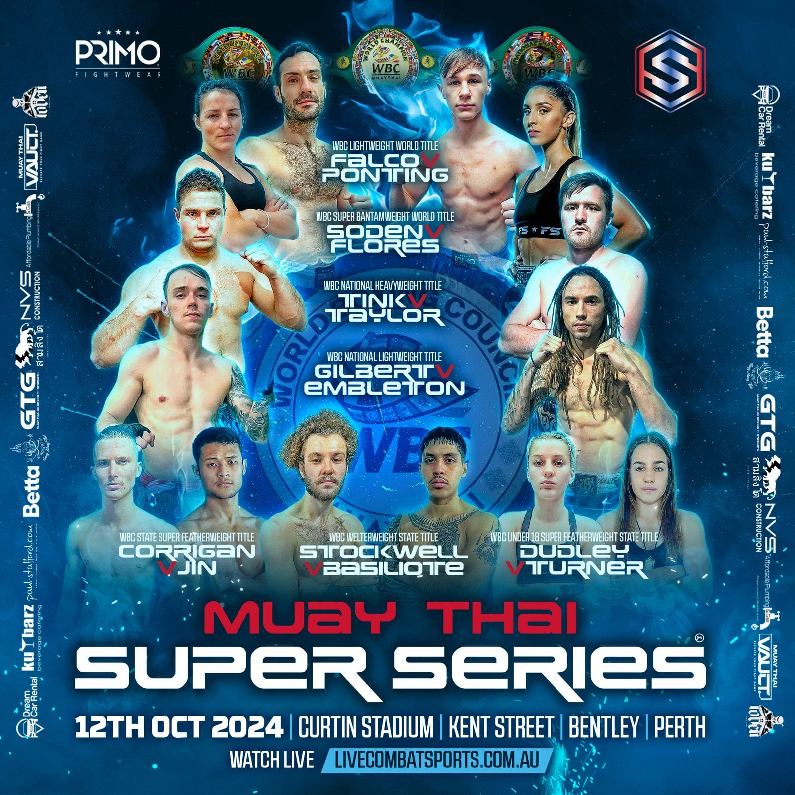 Poster with 14 male and female Muay Thai athletes with the text: Muay Thai Super Series, 12 Oct 2024, Curtin Stadium Bentley