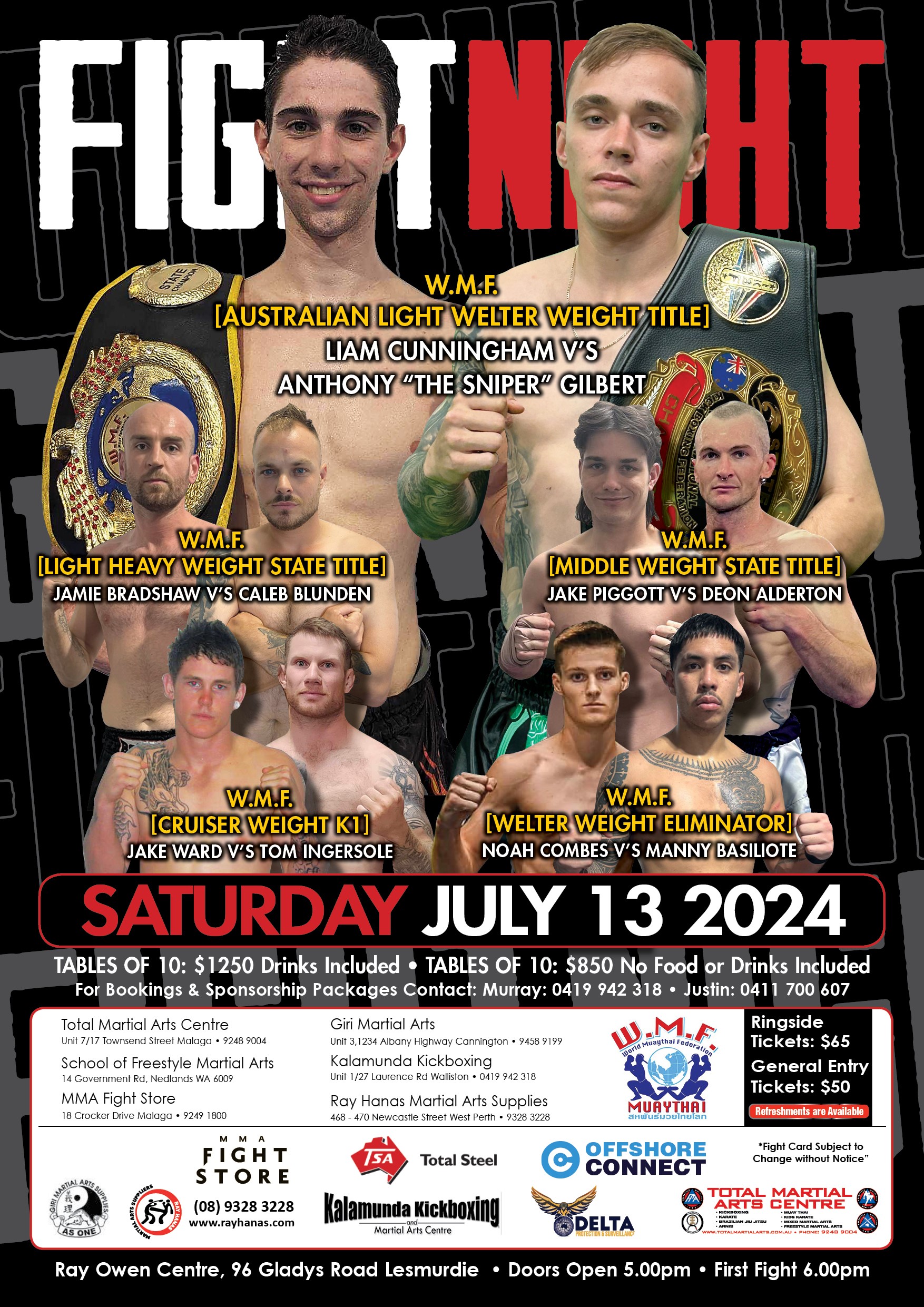 5 pairs of male fighters with fists clenched. Includes text: Fight Night 1 3 July 2024. Ray Owen Centre 96 Gladys Road Lesmurdie. Starts 6pm.