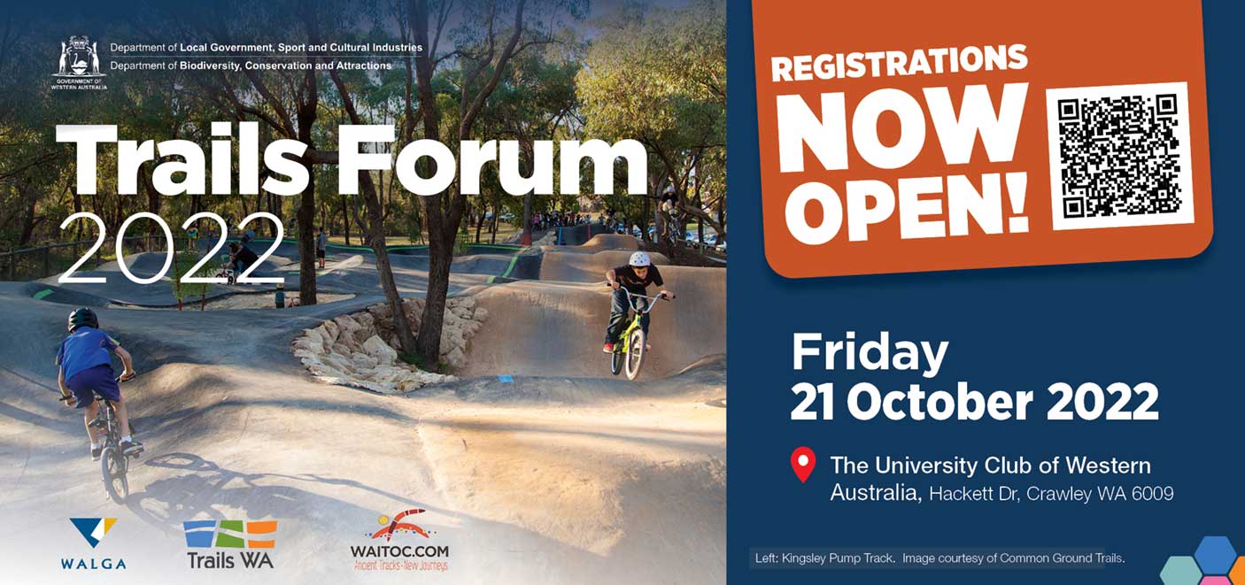 Trails Forum 2022 registrations now open with an image of mountain bike riders on a track in the bush