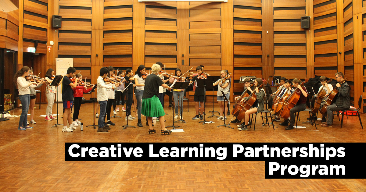 A group of musicians rehearsing with the words, Creative Learning Partnerships Program
