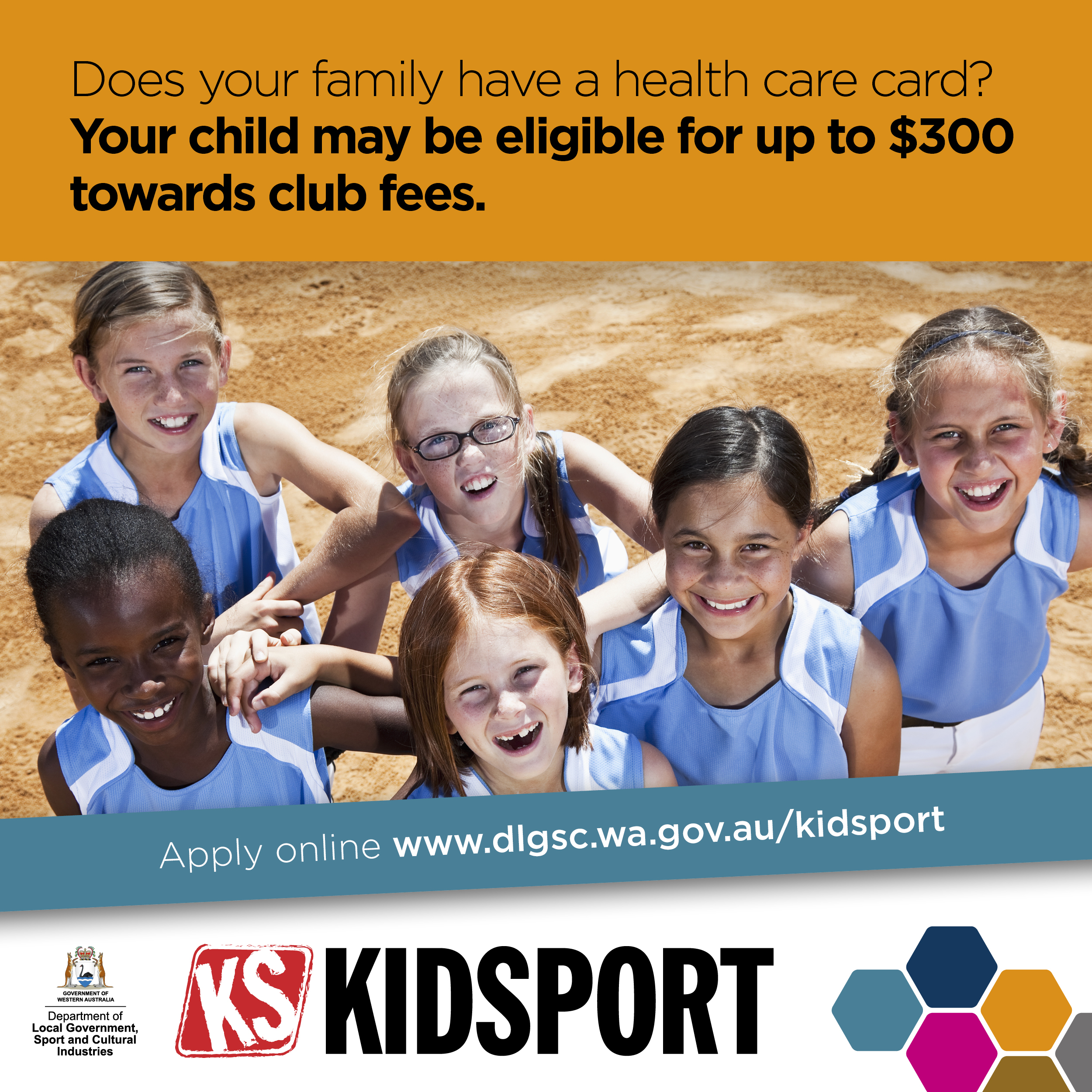 Graphic social media tile promoting KidSport to parents and families