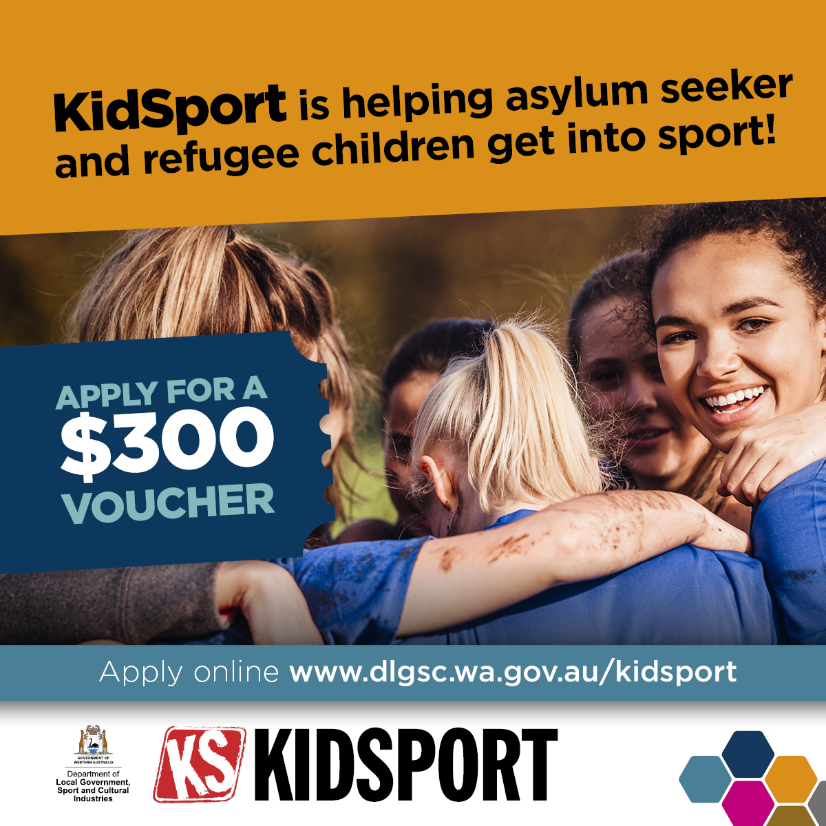 Social media tile to promote KidSport for asylum seeker and refugee children