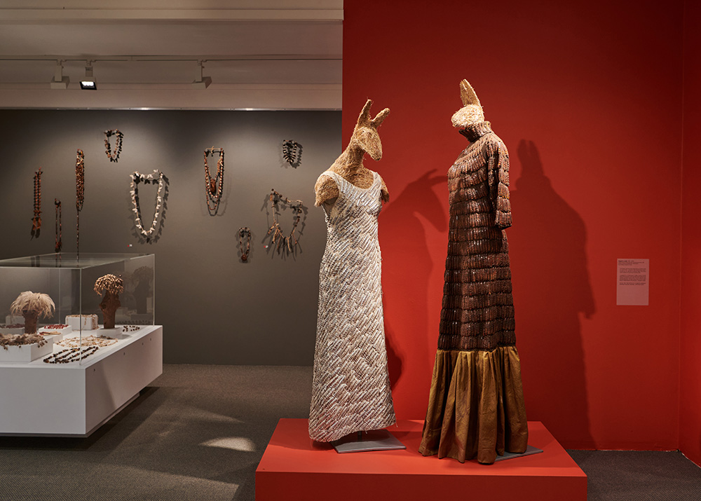 'Kangaroo Couple', 1995-2008, wollen gown, plant dyed silk, Xanthorrhea bracts, silk strings, common fodder, cotton mannequins. On loan Kerry Stokes Collection, Perth. Artist: Nalda Searles. Photographer: Rebecca Mansell.