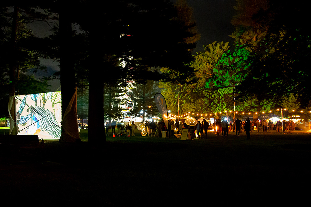 A crowd watching a projection on a screen in a park at night.
