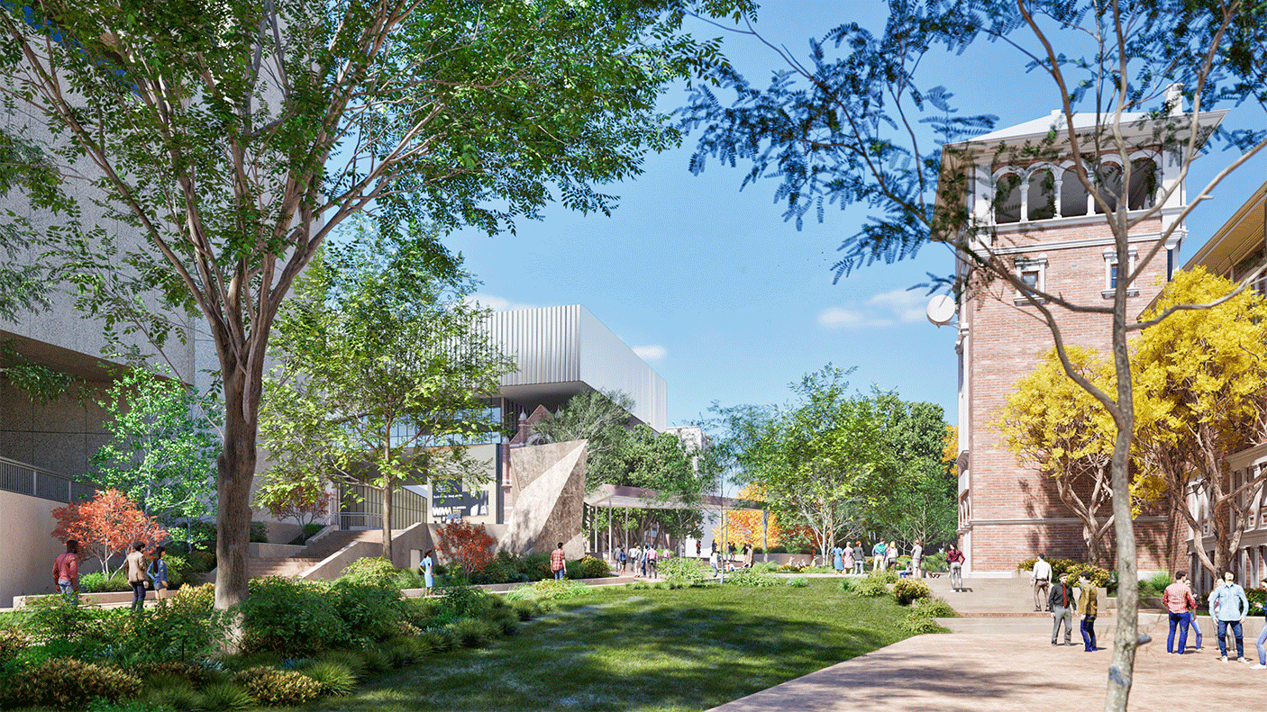 An artists impression of the rejuvenated Perth Cultural Centre View looking towards Museum in front of Blue room towards central heart