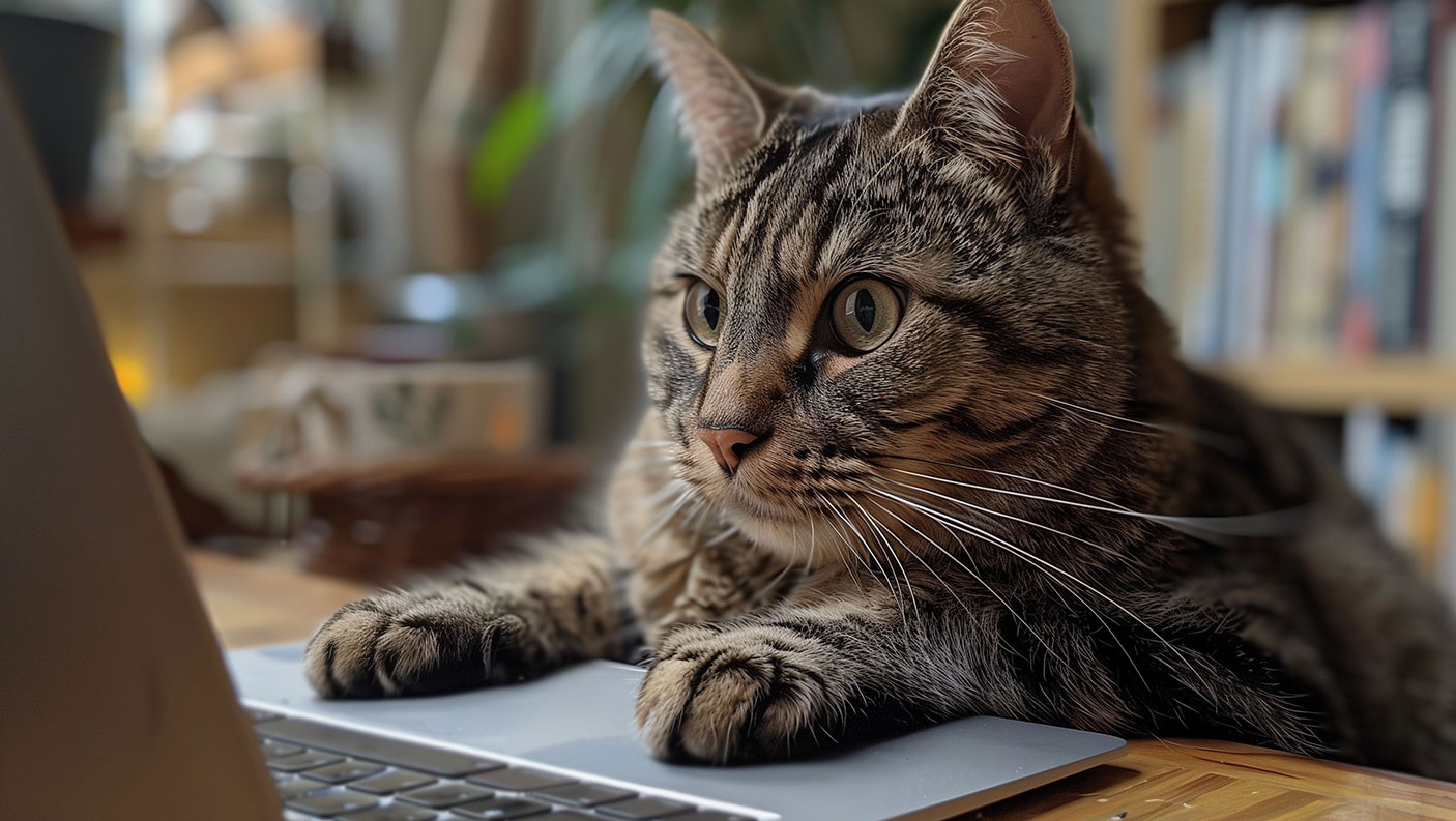 Cat with its paws on a laptop keyboard