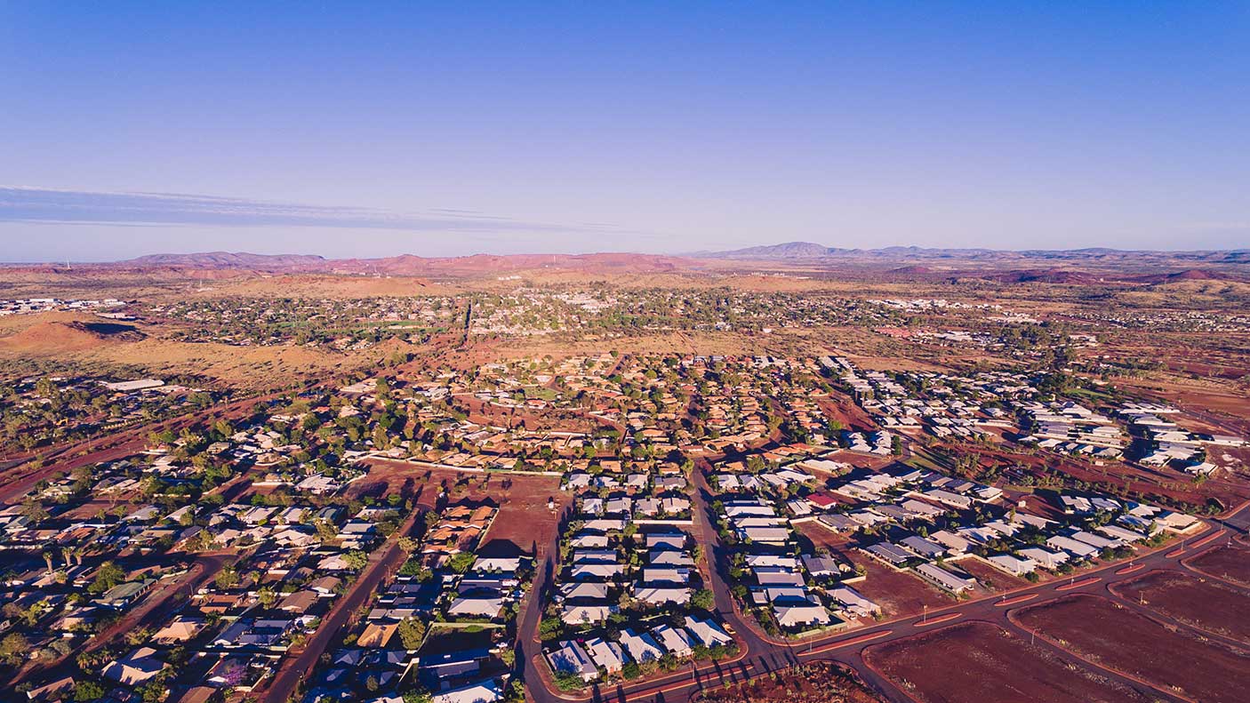 An aerial photo taken of the Western Australian town of Newman at sunrise