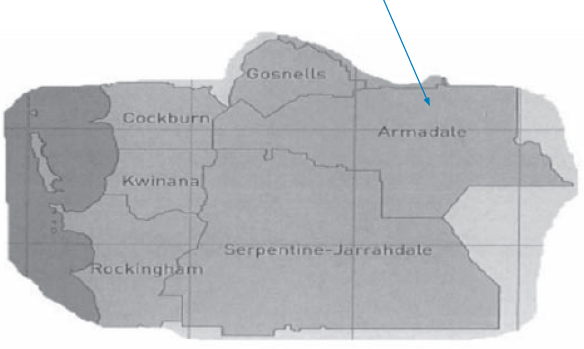 A map of an utline of some southern local government areas with an arrow pointing to Armadale.