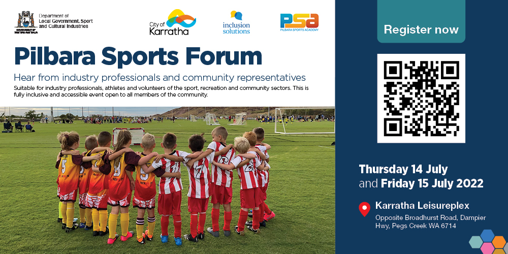 Pilbara Sports Forum 2022 with an image of children in a huddle at a football game