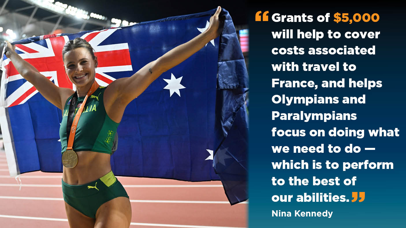 Female athlete holds Australian flag above her head on a running track. with text announcing grants of $5000 to assist Olympians and Paralympians