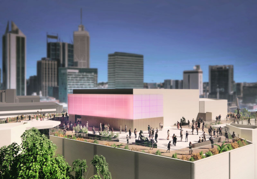 Artist impression of the rooftop venue with the city skyline