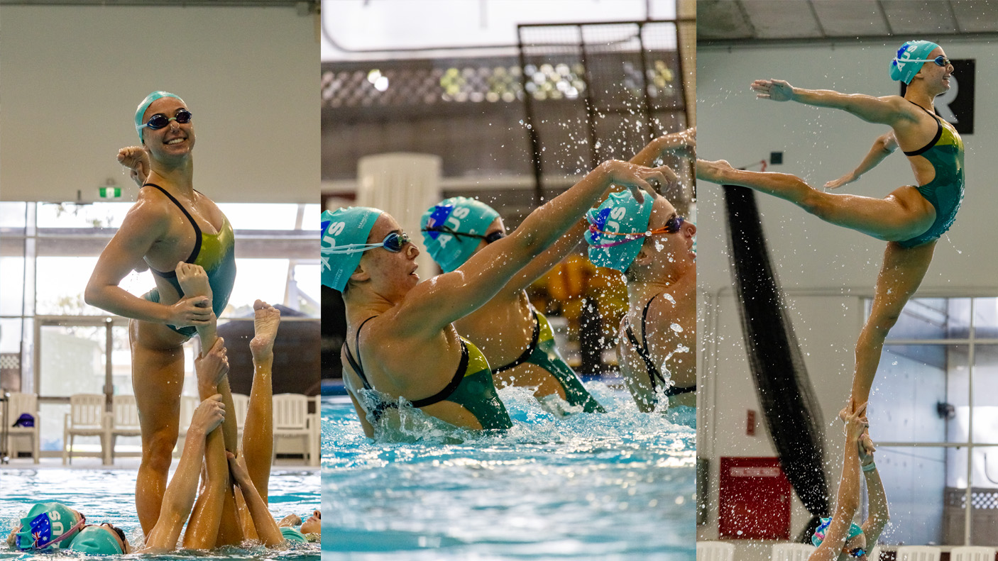 A montage of 3 images showing artistic swimming performing in a pool