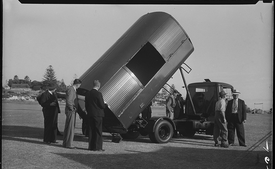 Cottesloe council members inspecting their new rubbish tip truck, 1950.