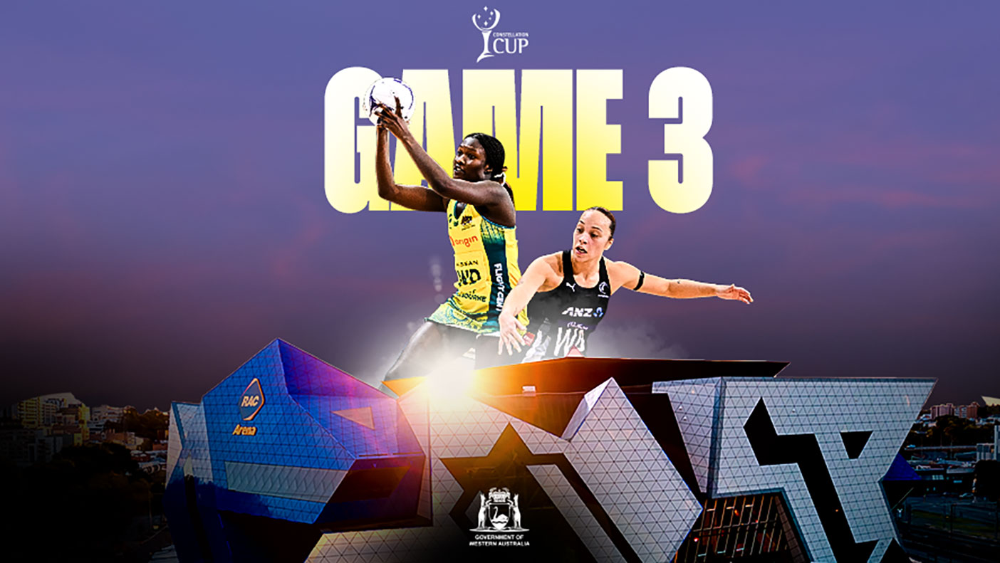 Two netball players in action, with text: Constellation Cup, Game 3.