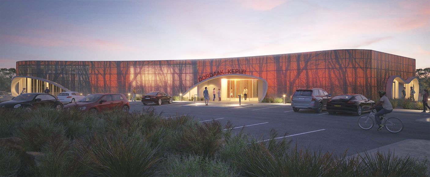 An artist's impression of the exterior of the library, viewed from the car park near the entrance.