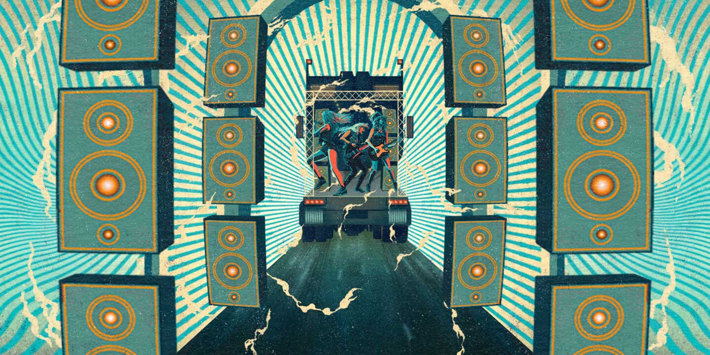 Illustration of a band on the back of a truck with many speakers