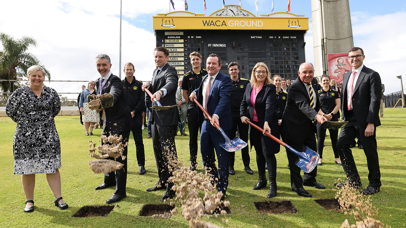 People pose during the ground redevelopment sod-turning ceremony at the WACA on August 19, 2021 in Perth, Australia.