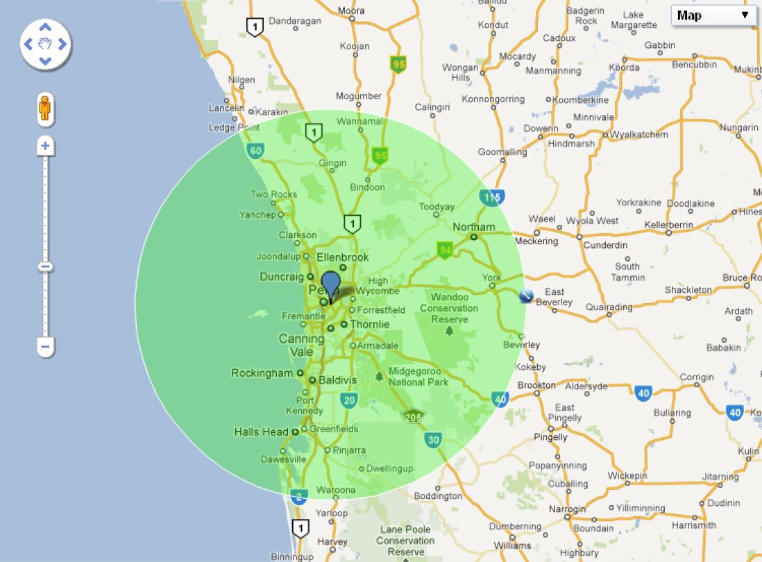 100km radius map of Perth, Western Australia