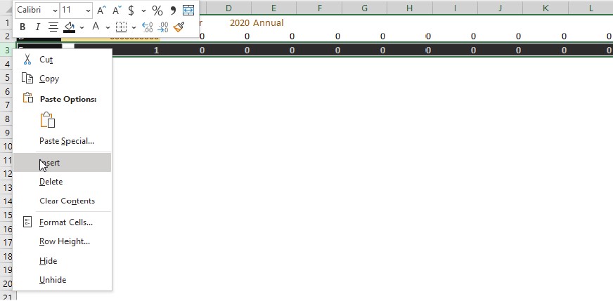 Screenshot of the liquor returns file showing to insert