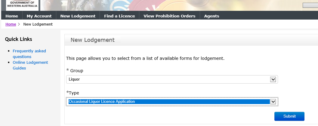 New lodgement Occasional Liquor Licence step 2 screenshot