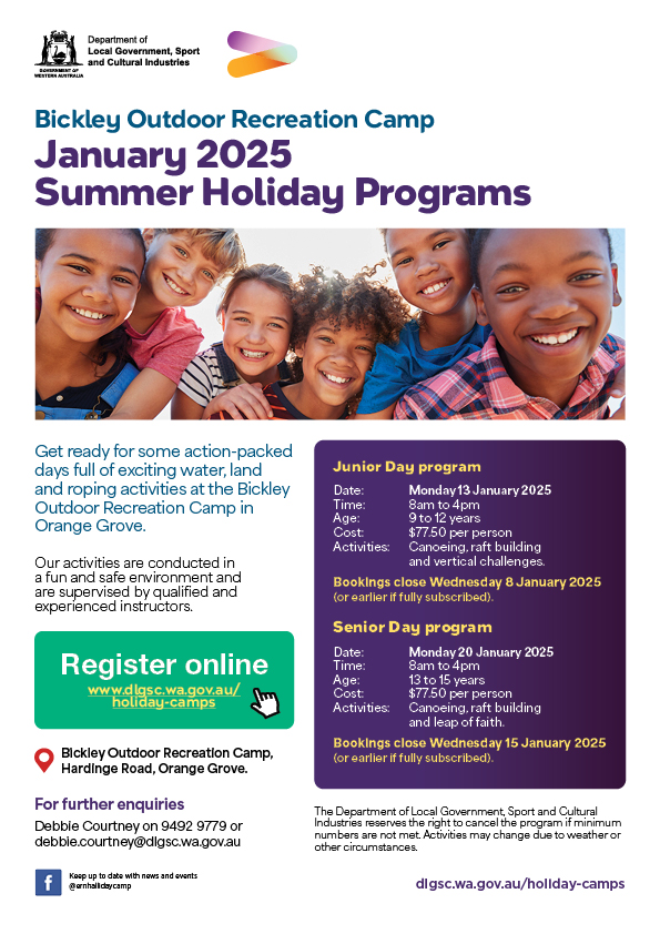 Poster for Bickley Outdoor Recreation Camp Summer Holiday program. January 2025. Image of smiling children.