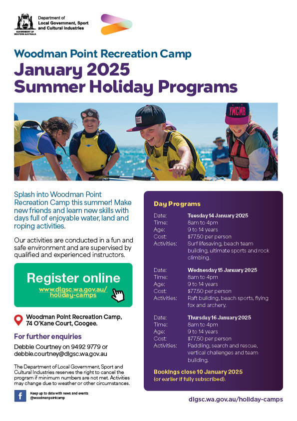 Poster for Woodman Point Recreation Camp Summer holiday program - January 2025