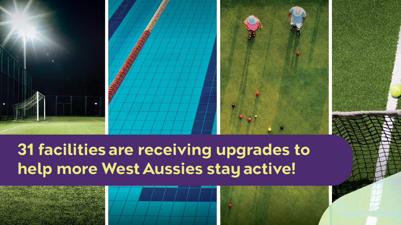 Montage of 4 sporting facilities with text:  31 facilities are receiving upgrades to help more West Aussies stay active