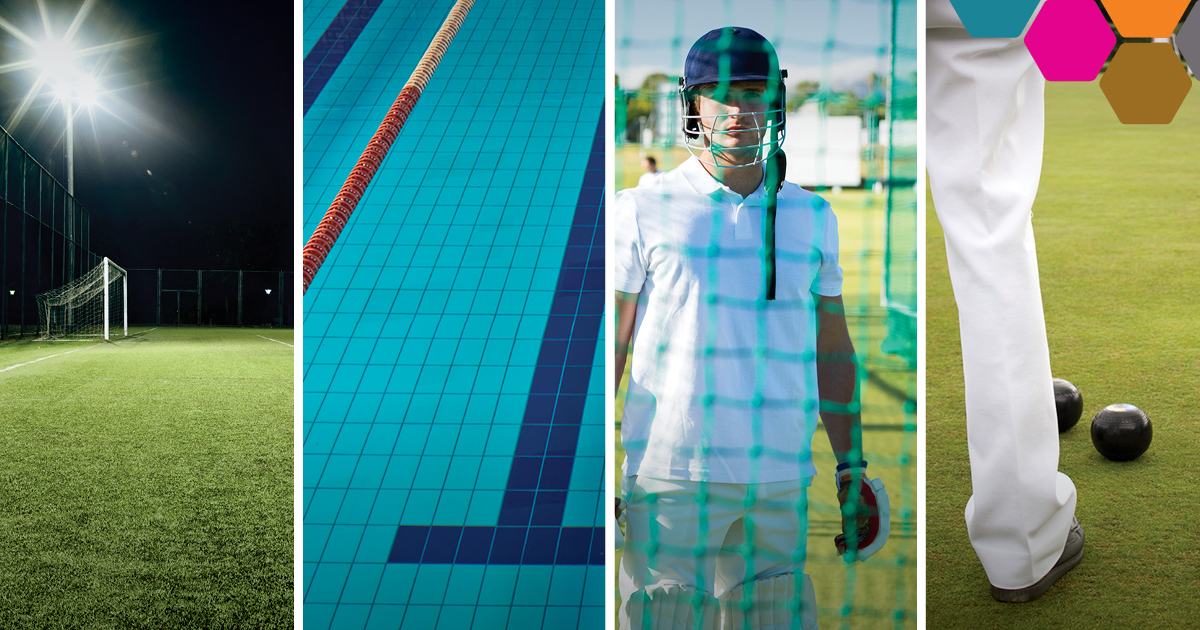 Monatage of 4 images showing grass playing field, swimming pool, cricket player, lawn bowls player