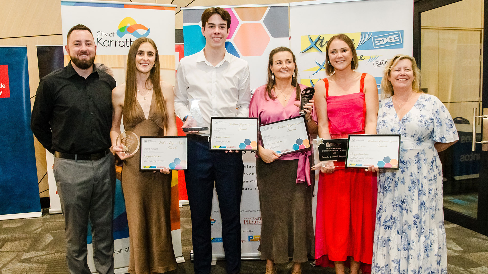 DLGSC Pilbara Regional Manager Toby Cotterel (left) with award winners in Karratha - Ashleigh Greenwell, Toby Fountain, Cassie Perry and Jodie Swaffer - plus Sharon Leyland from sponsor Extreme Edge.