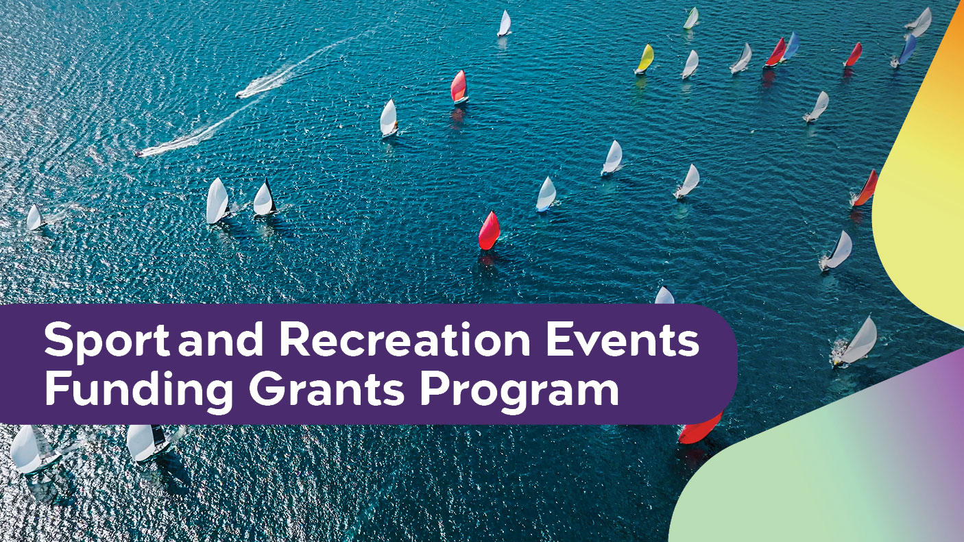 Aerial view of a sailing regatta with text:  Sport and Recreation Events Funding Grants Program