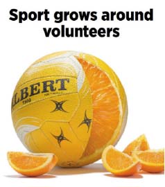 Sport grows around volunteers with a montage of a netbal cut like an orange.