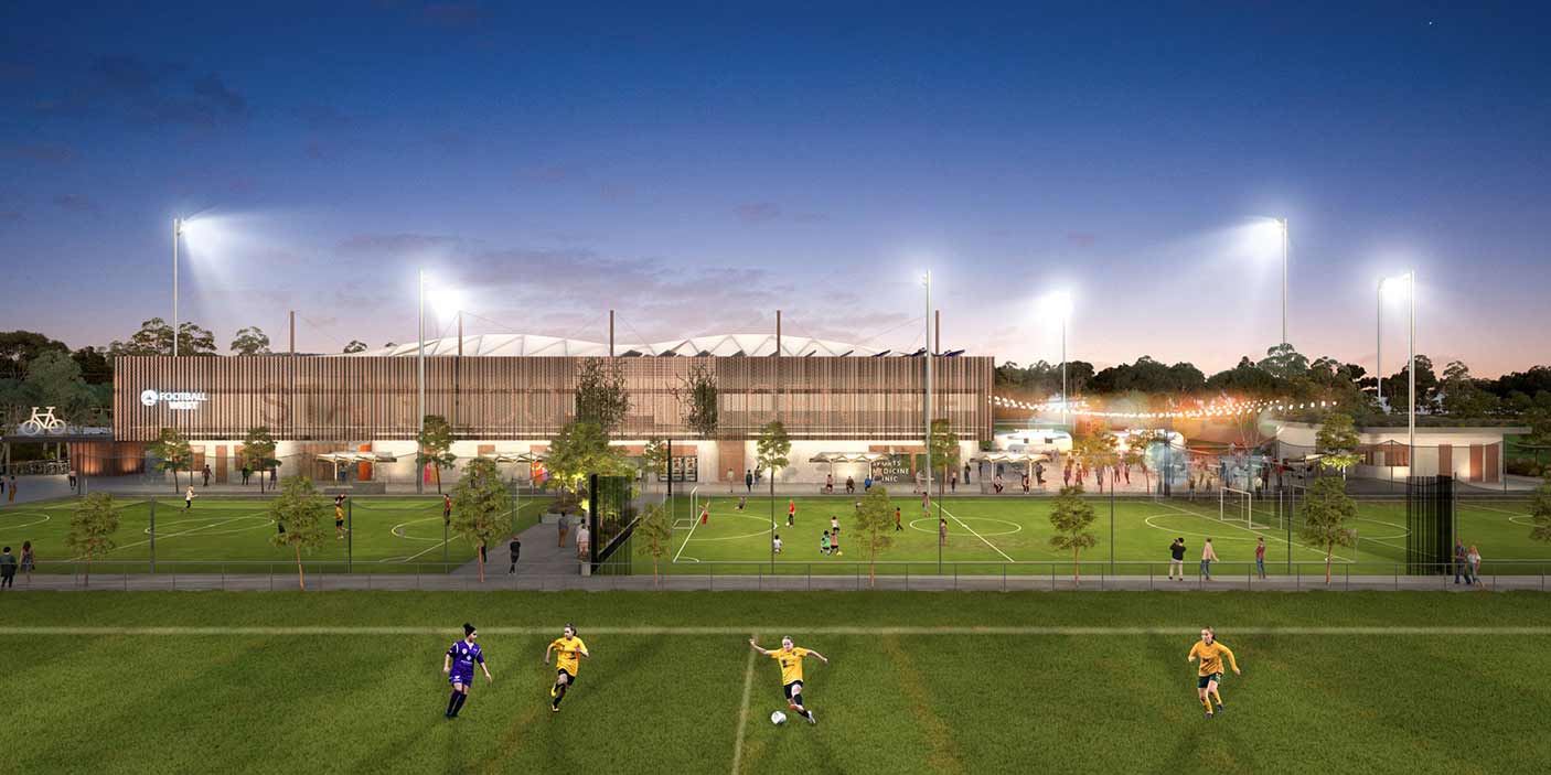 Artist impression of the State Football Centre showing players in the foreground and the building in the background