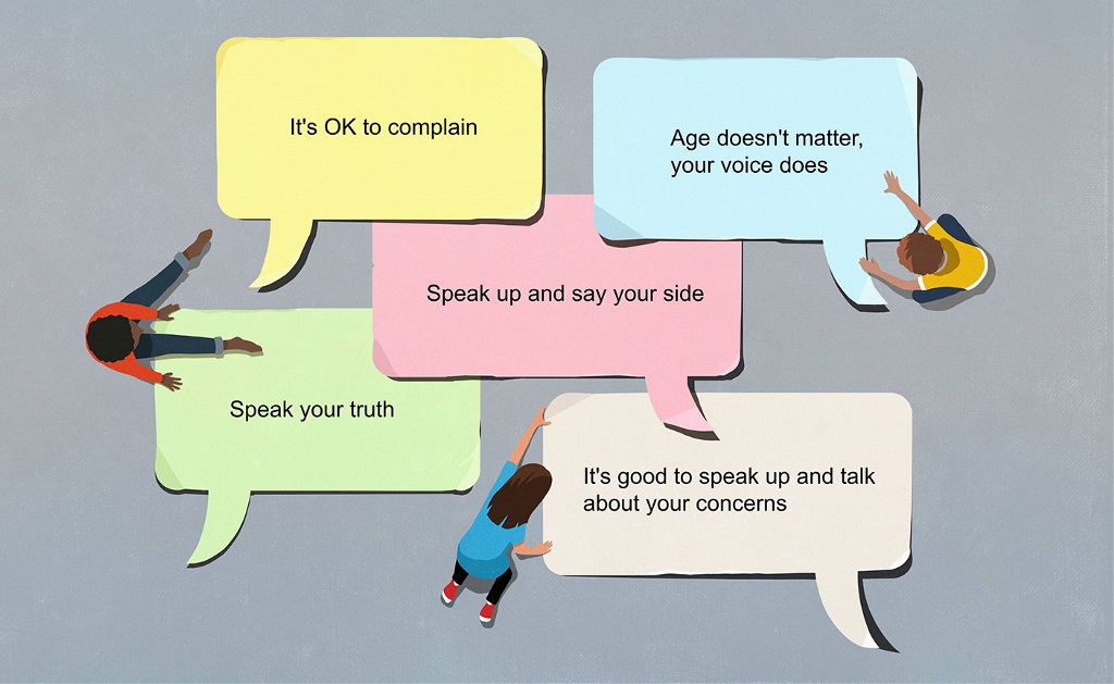 Illustration of children with giant speech bubbles containing text: 'It's ok to complain', 'speak your truth', 'It's good to speak up and talk about your concerns'.
