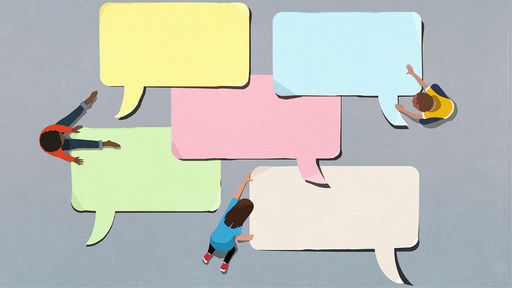 Illustration - aerial view of 3 young people and 5 large pieces of paper cut in a speech bubble shape.