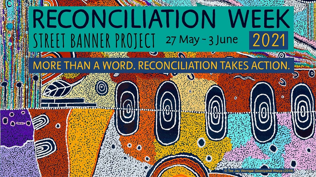 Reconcilation Week banner artwork by Western Australian Aboriginal artist Tee Jay Worrigal